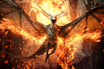 Pterodactyl against a background of fire. Dinosaur. Jurassic period. Flying monster. Global...