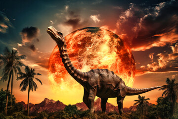 Diplodocus dinosaur against a background of fire and explosions. Dinosaur. Jurassic period. A huge monster. Global catastrophe. Death of the dinosaurs.