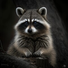 AI generated illustration of a cute raccoon with its paws up against a tree branch