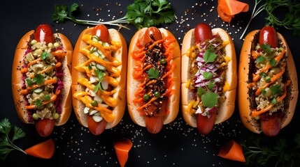 Carrot vegan hot dogs on dark slate background with assorted toppings Plant based meal concept - obrazy, fototapety, plakaty