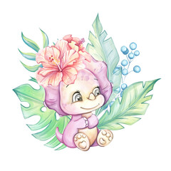Watercolor cute dinosaur. Pastel color, clip art, cartoon style for nursery, baby shower, birthday party, printable
