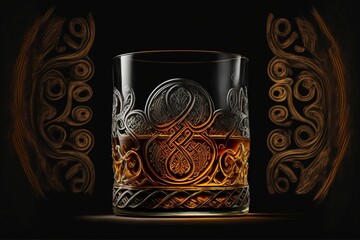 AI-generated illustration of a glass of whisky with ornaments