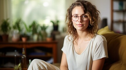 Candid shot zoom out view of a US lady aged 26 years old with glasses, she is looking to the side, relaxing on her couch, normal house wear, she is in her living room - obrazy, fototapety, plakaty