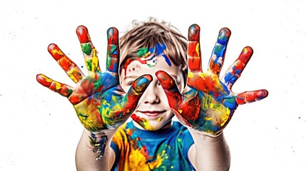 Child showing colourful painted hands, in the style of bright colors, bold shapes, letras y figuras, smilecore, capturing moments, colorist, bright glazes, quantumpunk, white background - obrazy, fototapety, plakaty