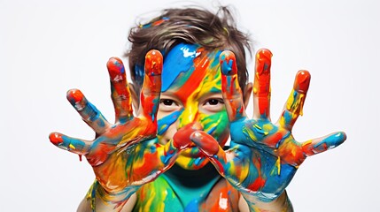 Fototapeta na wymiar Child showing colourful painted hands, in the style of bright colors, bold shapes, letras y figuras, smilecore, capturing moments, colorist, bright glazes, quantumpunk, white background
