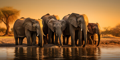 Graceful Elephants Sipping Water by the Setting Sun Elephants Enjoying a Serene Evening Stroll in the Desert AI Generative 