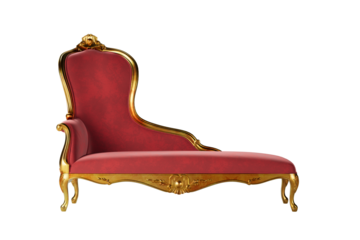Vintage baroque gold sofa luxury red armchair isolated or Gilded antique royal couch in victorian style.