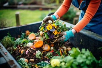 A person composting organic waste to fertilize their garden - obrazy, fototapety, plakaty