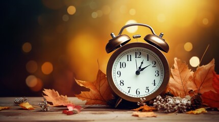 Concept, daylight saving time. Sommer time, winter time, changeover, switch of time. Sommer or winter time. Clock as a timer for celebrations. Autumnal forest and leaves - obrazy, fototapety, plakaty