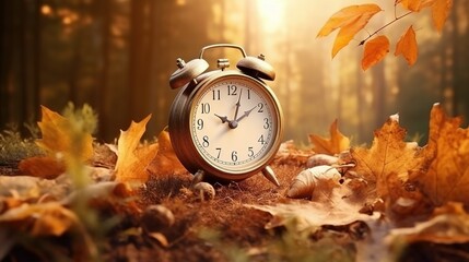 Concept, daylight saving time. Sommer time, winter time, changeover, switch of time. Sommer or winter time. Clock as a timer for celebrations. Autumnal forest and leaves - obrazy, fototapety, plakaty