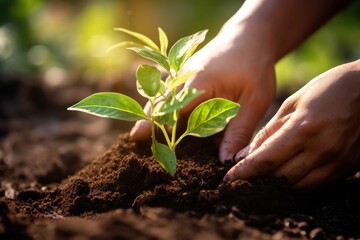 A hand planting a plant in a garden
