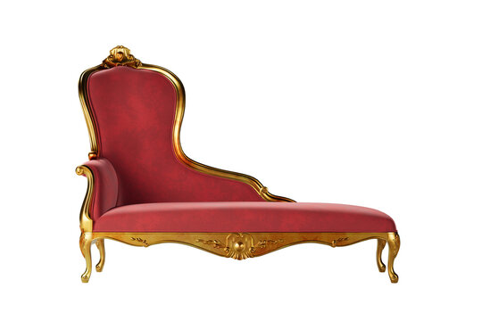 Vintage baroque gold sofa luxury red armchair isolated or Gilded antique royal couch in victorian style.