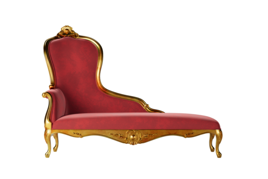 Vintage baroque gold sofa luxury red armchair isolated or Gilded antique royal couch in victorian style.