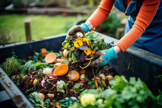 A person composting organic waste to fertilize their garden