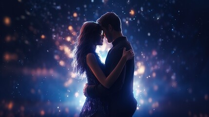 Fototapeta na wymiar Couple hug each other at night with light glowing. Romantic love Valentines day relationships background