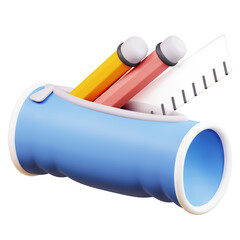 box pencil case containing pencil and ruler 3d render. 3d design illustration back to school