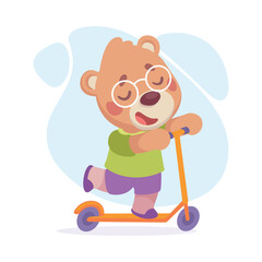 Cute Bear Character Ride Scooter and Smiling Vector Illustration