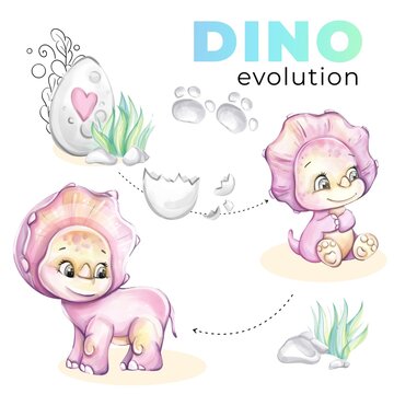 Watercolor pattern baby dino with egg and mom for nursery design. Cartoon and cute dinosaurs for print, wallpaper, fabric