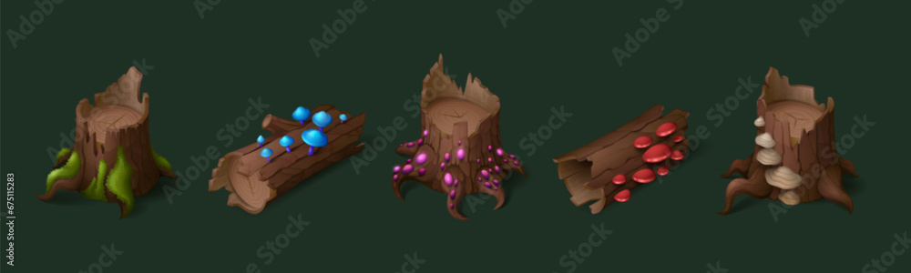 Poster cartoon tree stump and log with moss and fantasy bright glowing mushrooms for game ui. vector illust