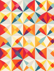 This vibrant retro geometric pattern is created by a combination of triangles, squares, and circles. The colors are bold and eye-catching, and the pattern is simple yet effective.