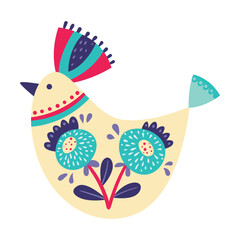 Bright Bird with Folk Ornament and Decor Vector Illustration