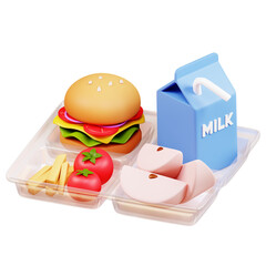 school children's lunch with a hamburger, milk, french fries and an apple 3d render. 3d design illustration back to school