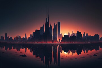 AI-generated illustration of a night cityscape with high-rise buildings and sea reflecting them