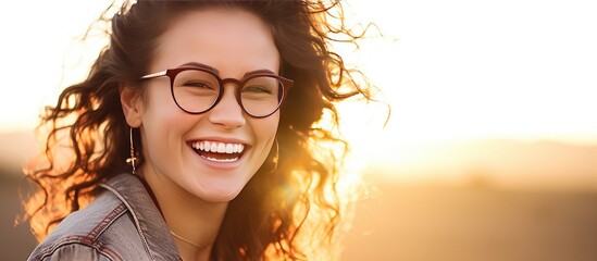 In the isolated white space a woman with a beaming smile and happy disposition poses for her portrait as the setting sun bathes her in a beautiful sunset glow Clutching a pair of stylish gl