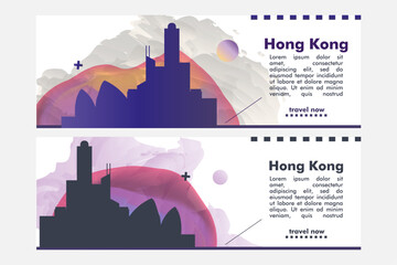 Hong Kong city banner pack with abstract shapes of skyline, cityscape, landmark. China travel  vector horizontal illustration layout set for brochure, website, page, presentation, header, footer - obrazy, fototapety, plakaty