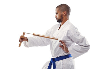 Karate, workout and a sports man with nunchucks isolated on a transparent background for self defense. Training, weapon or equipment with a young athlete on PNG to practice for a combat fitness