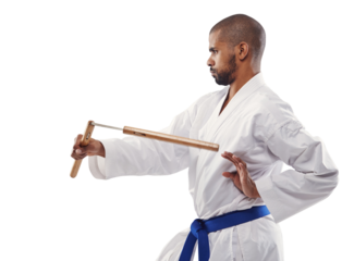 Karate, workout and a sports man with nunchucks isolated on a transparent background for self defense. Training, weapon or equipment with a young athlete on PNG to practice for a combat fitness
