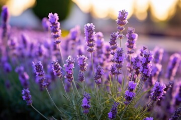 A close-up image of a single lavender plant adorned with purple blossoms in the foreground, with a slightly blurred background