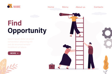 Find new opportunities, landing page template. Team holds long staircase, woman boss standing on ladder and looking in spyglass. Search right way for business development.