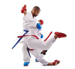 Karate, martial arts fight and sport with training, defence and fighter for MMA and competition....