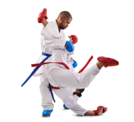 Fotobehang Karate, martial arts fight and sport with training, defence and fighter for MMA and competition. Exercise, skill fitness and athlete uniform with workout isolated on a transparent, png background © Shubham/peopleimages.com