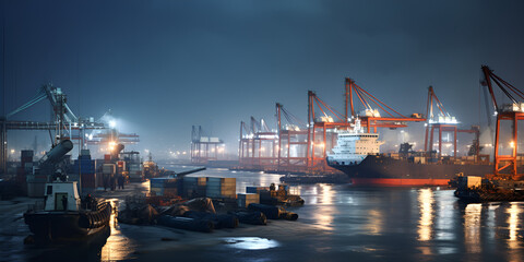 Panorama of a container terminal in the port of Hamburg at night Container terminal in industrial port with cranes Hamburg Harbor's Container Terminal and Cranes AI Generative    