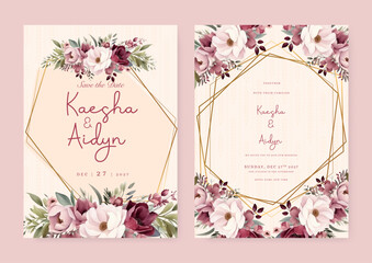 Beige pink and red peony set of wedding invitation template with shapes and flower floral border
