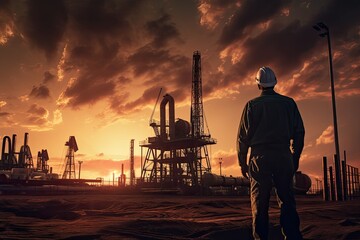 Fototapeta premium Oil and gas industry. Worker in the oilfield at sunset, Oil rig worker at sunset, AI Generated