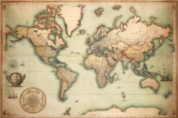 Vintage map of the world on old paper. Sepia toned, Old Antique World Map on Mercators Projection, AI Generated