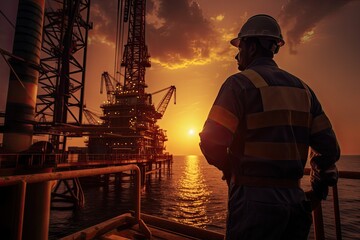 Fototapeta premium Oil and gas industry worker working onshore construction platform at sunset, Oil rig worker at sunset, AI Generated
