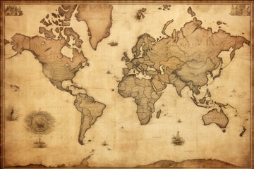 Fototapeta na wymiar old map of the world on a wooden background with grunge textures, Old Antique World Map on Mercators Projection, AI Generated