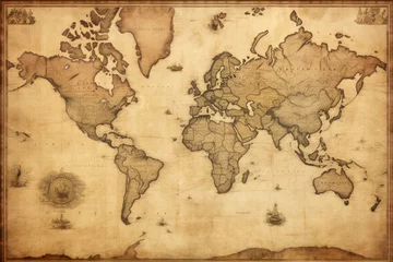 Papier Peint photo autocollant Carte du monde old map of the world on a wooden background with grunge textures, Old Antique World Map on Mercators Projection, AI Generated
