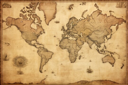 Fototapeta old map of the world on a wooden background with grunge textures, Old Antique World Map on Mercators Projection, AI Generated