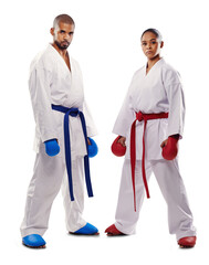 Karate, martial arts and portrait of athlete friends ready for fight, training and exercise....