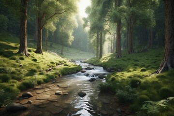 a stream running through a lush green forest
