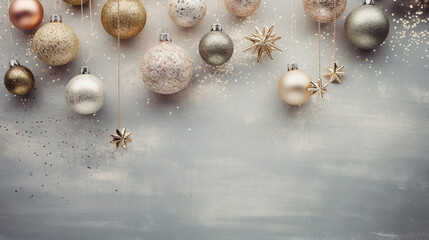 Fototapeta na wymiar Stylish Christmas Ornaments Flat Lay with an Overhead View - Staged Against a Weathered Gray and Silver Background with Vintage, Grunge Effect - Xmas Holiday Concept with Copy Space