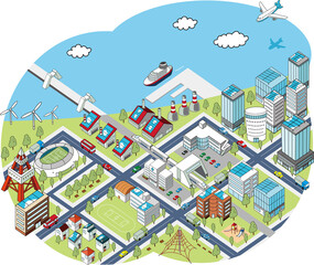 海沿いの街並みの俯瞰イラスト（白背景）