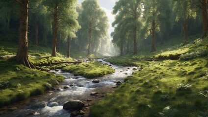 a stream running through a lush green forest
