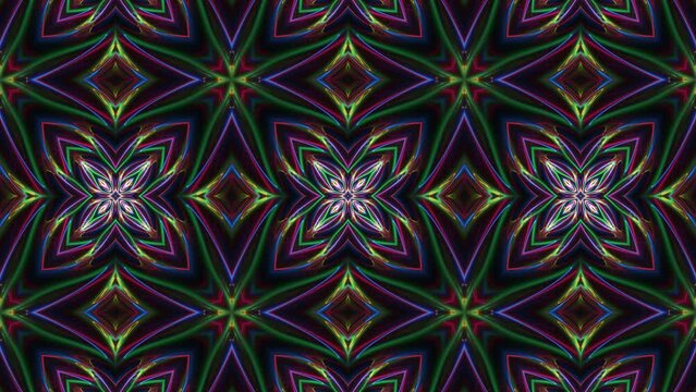 Geometrical symmetrical background with floral patterns pulsating, transforming. Ornamental backdrop metamorphoses, kaleidoscopic changes. Abstract bright forms motion and vibration. 4K UHD 4096x2304