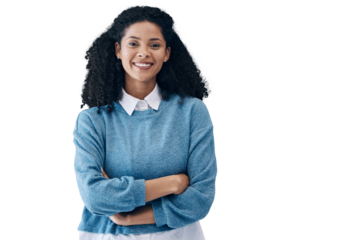 Smile, business woman with arms crossed and portrait isolated on transparent png background. Face of confident entrepreneur, creative professional and designer or employee in South Africa at startup
